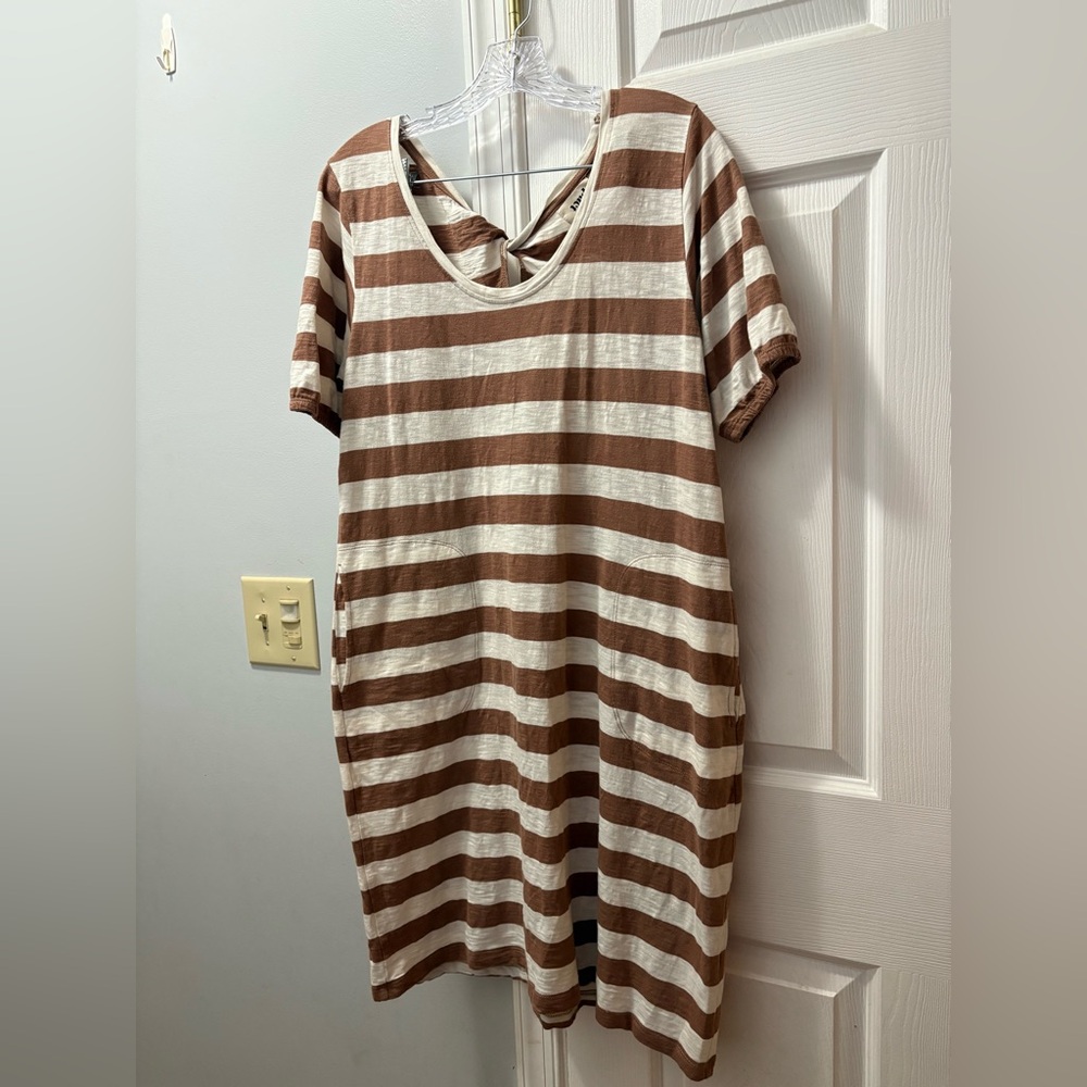 Pact Striped Short Sleeve Cotton Dress in Brown and Cream Twist Back Size Medium